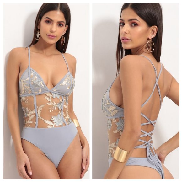 Lucy in the Sky Tops - NEW Lucy in the Sky Gold & Grey Lace Bodysuit